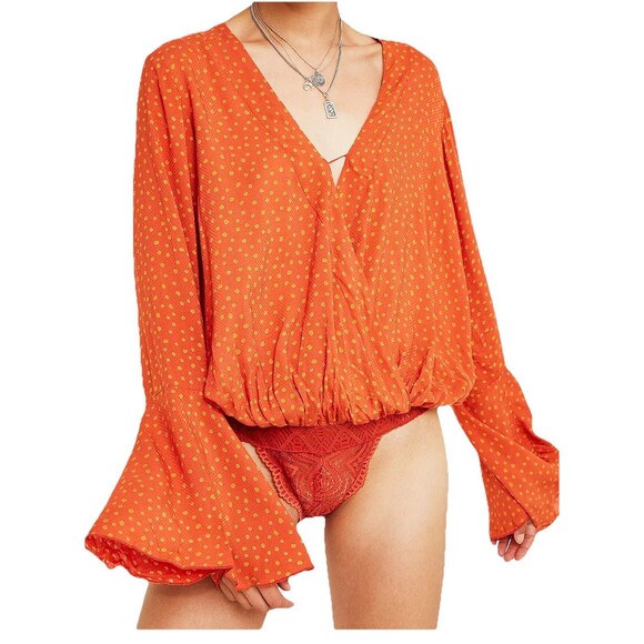 Free People Tops - Free People Intimately Makin’ Wave Bodysuit S Orange Polka Dots Deep V-Neck Boho